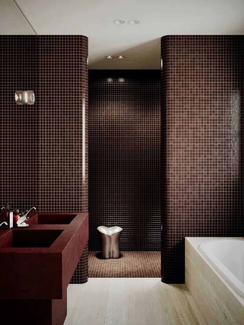 Salle d'eau en mosaïque bordeaux, double vasque et baignoire