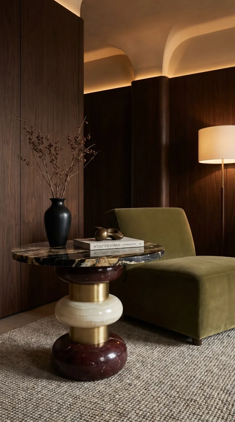 Coin salon : fauteuil en velours vert, boiseries sombres et applique