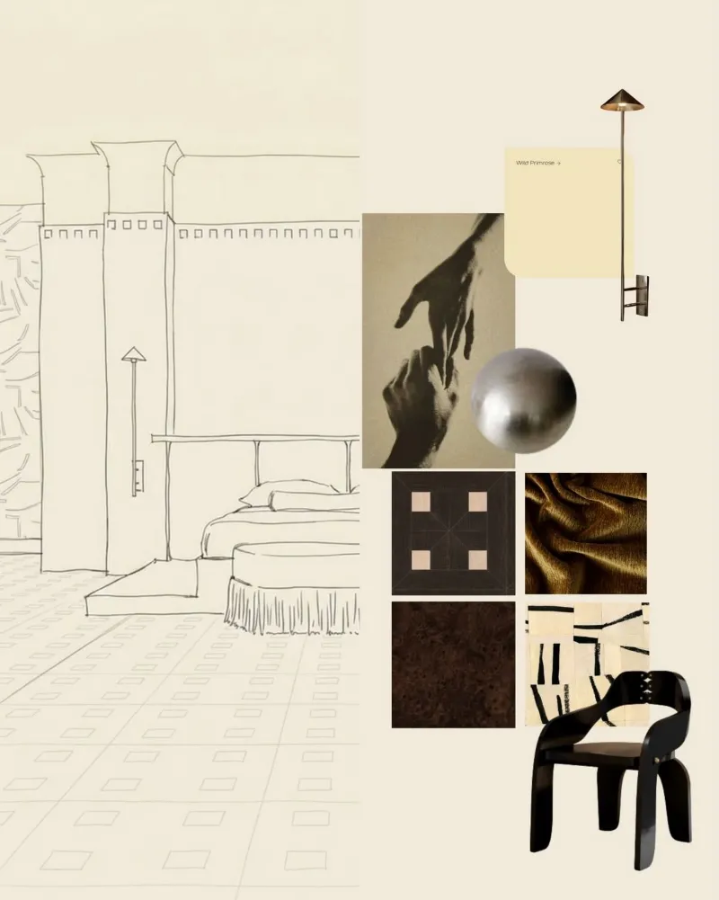 Planche d'ambiance : croquis de chambre, échantillons de matières et mobilier