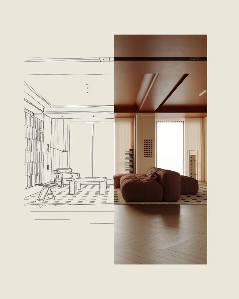 Croquis d'un salon et sa mise en couleur : canapé terracotta et parquet