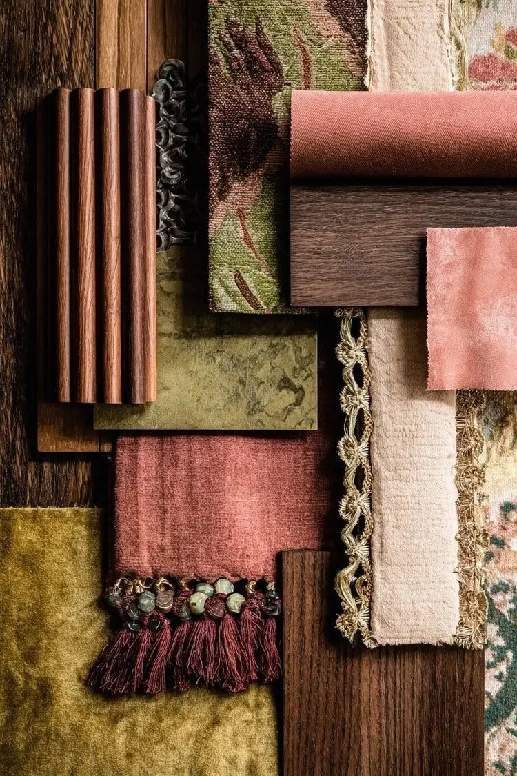 Échantillons de tissus et de bois : velours rose, vert olive et franges