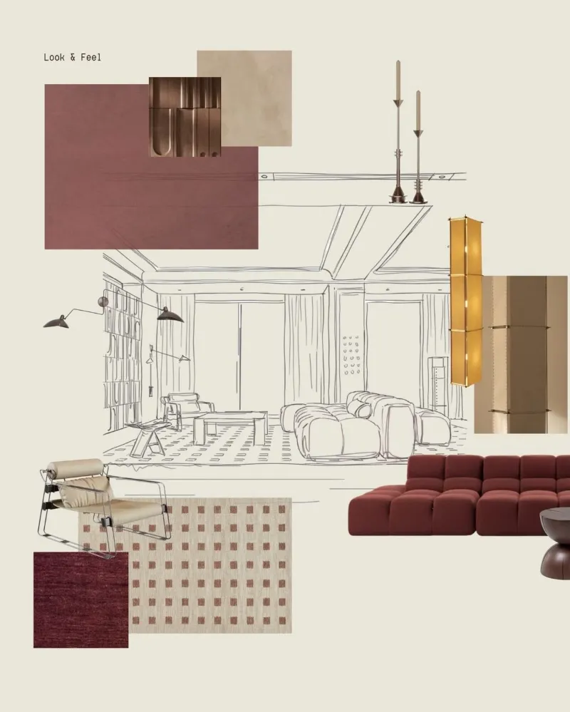 Planche concept d'un salon : croquis, palette bordeaux et luminaires
