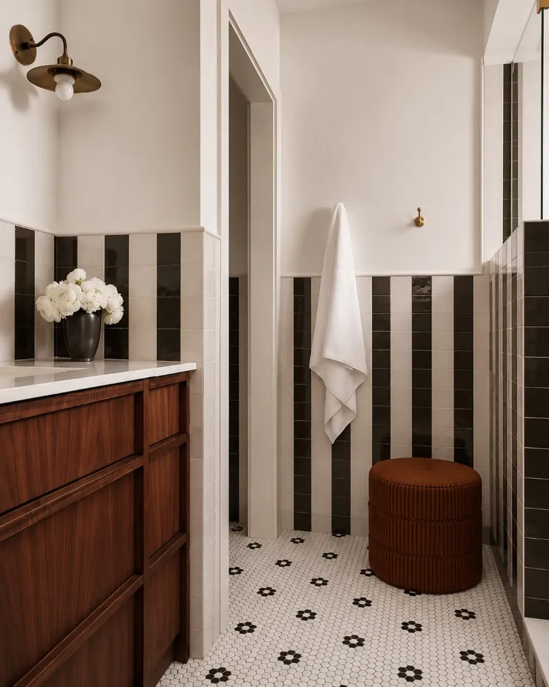 Salle de bain à rayures noires et blanches, meuble en bois et pouf bordeaux